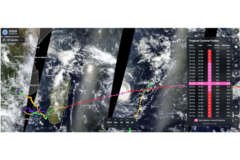 Map showing the path of Tropical Cyclone Freddy over the Indian Ocean with dates and color-coded intensity levels.