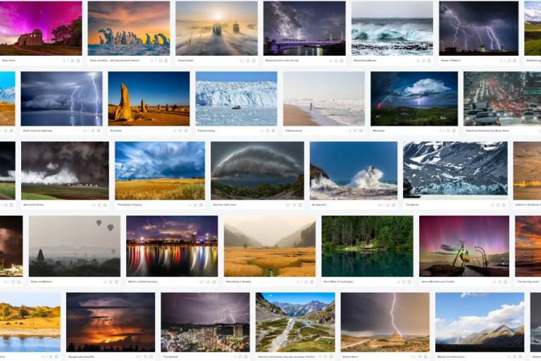 A collage of various landscape photos featuring storms, auroras, mountains, glaciers, and natural phenomena under different weather conditions.