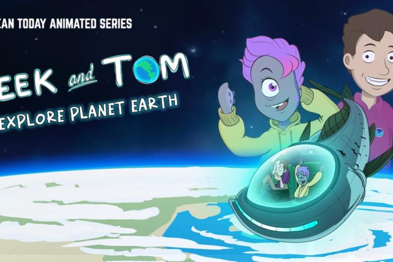 Animated image of "Teek and Tom," featuring two characters above Earth in a small spaceship. Text reads "Ocean Today Animated Series: Explore Planet Earth.