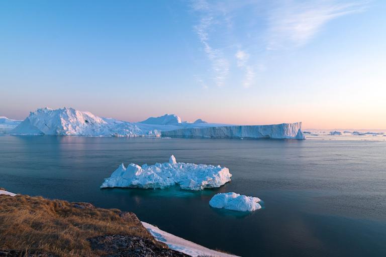 Icebergs float in a calm sea under a clear sky at sunrise, with a rocky shoreline in the foreground.