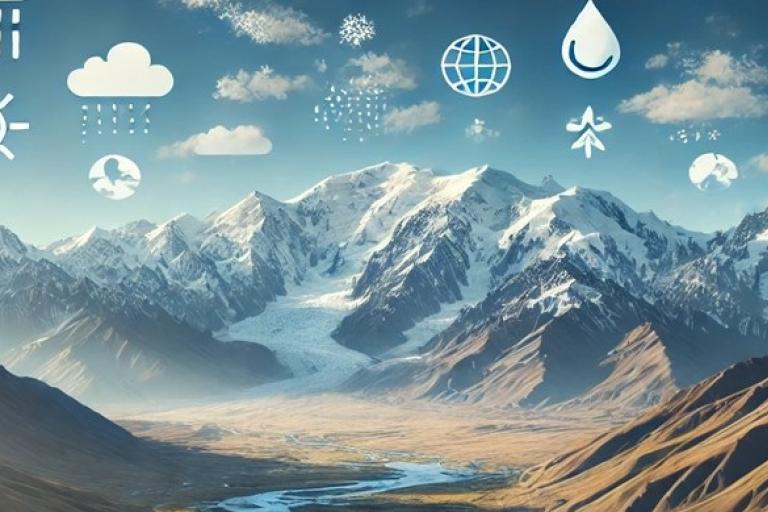 Snow-capped mountain range under a clear sky, overlaid with weather and climate-related icons such as sun, rain, and temperature graphs.