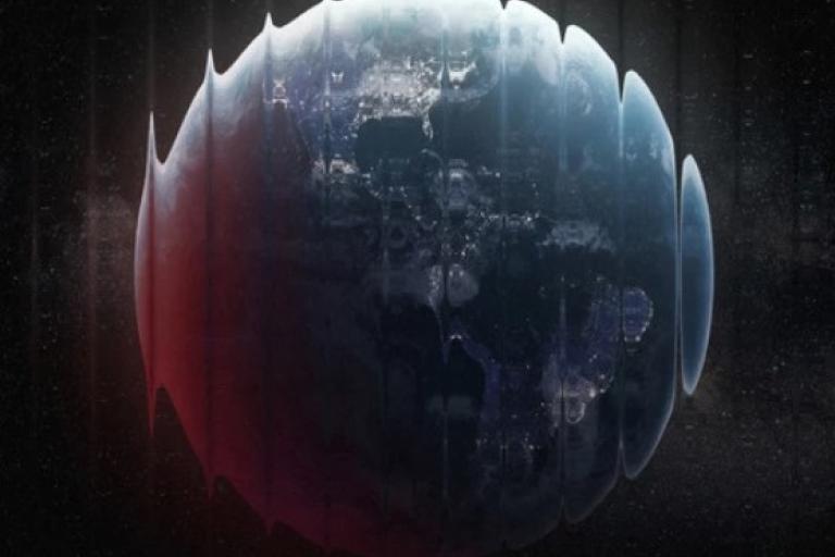 A digitally altered image of Earth with a wave-like distortion effect, showing continents and lights on the darkened surface.