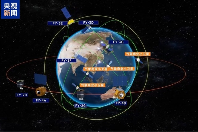Diagram showing multiple satellites orbiting Earth, labeled FY-2G, FY-3E, FY-3D, etc. Paths and positions are indicated with lines and icons. Text in another language is present.