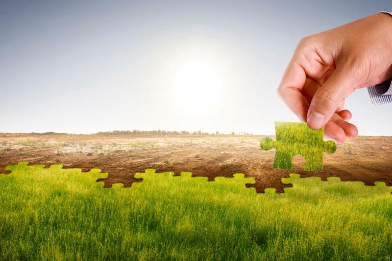 A hand places a green puzzle piece into a barren landscape, transforming it into grassland under a sunny sky.