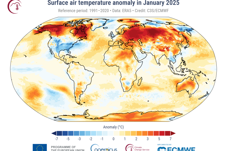 World map showing surface air temperature anomalies for January 2025. Regions in red indicate warmer anomalies, while blue indicates cooler anomalies. Data source: ERA5, credit: C3S/ECMWF.