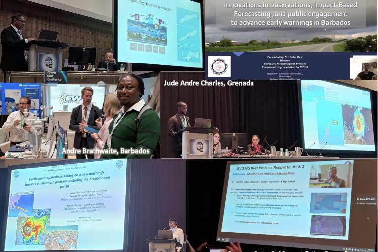 Presenters speaking and presenting at a conference. Displayed slides contain images and text related to meteorological topics.