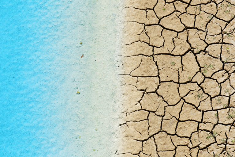 Aerial view of contrasting landscapes: vibrant blue water on the left and cracked, dry earth on the right.