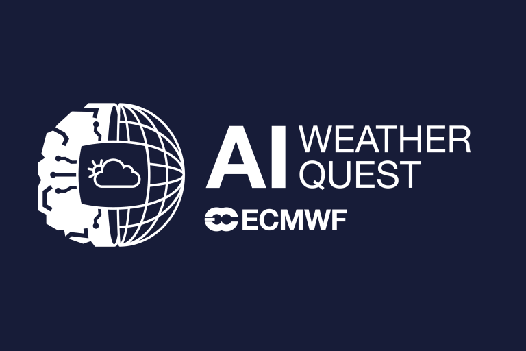Logo with a globe and cloud icon, alongside text reading "AI Weather Quest" and "ECMWF" on a dark background.
