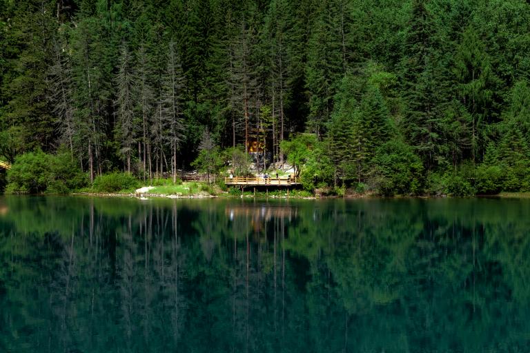 A serene lake reflecting a dense forest with a wooden structure and people at the water's edge, surrounded by tall evergreen trees.