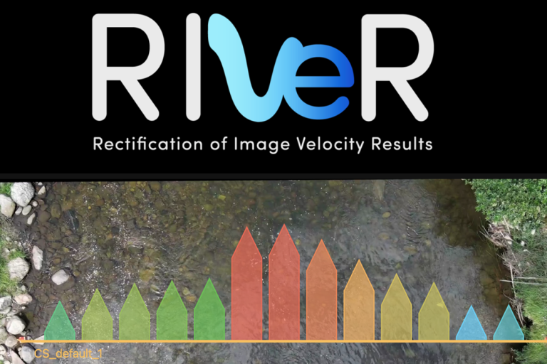RIVER" logo with colored arrows pointing upwards, labeled "Rectification of Image Velocity Results," overlaid on a creek background.