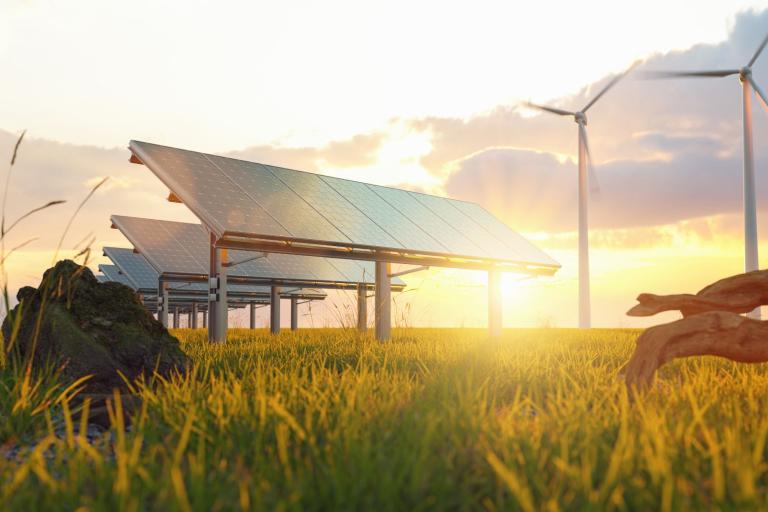 Solar panels in a grassy field with wind turbines in the background during sunset.