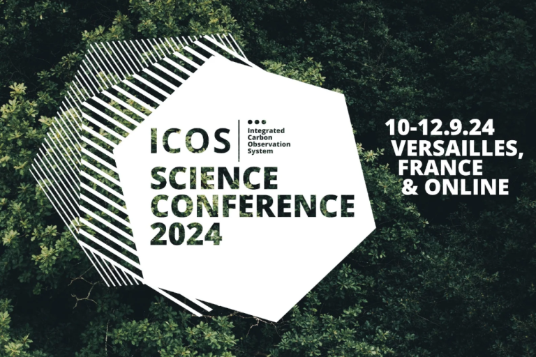 Banner for the ICOS Science Conference 2024 with event details overlaid on an aerial view of a forest, announcing the date, location in Versailles, France, and online participation.