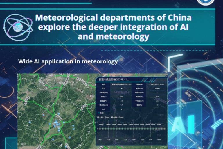 A graphic highlights China's meteorological departments using AI in meteorology, featuring a map interface with weather data and digital elements in the background.