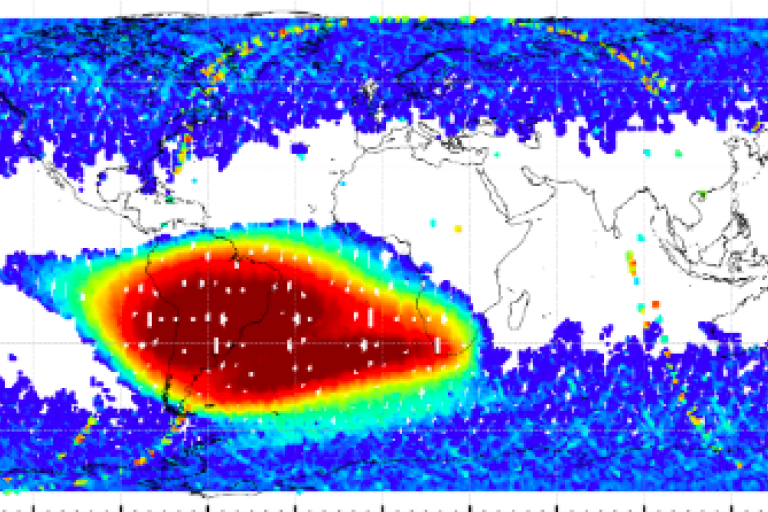 Map of space weather, showing red activity surrounded by blue and white