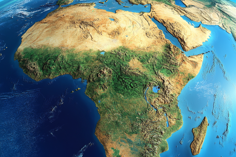 Satellite view of the African continent, showing surrounding bodies of water and portions of Europe and the Middle East.