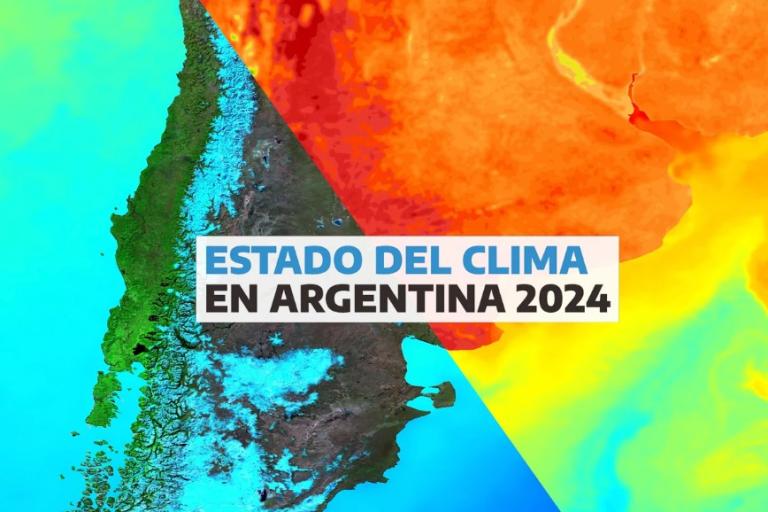 A map of Argentina with contrasting blue and orange color gradients and the text "Estado del clima en Argentina 2024" in the center.