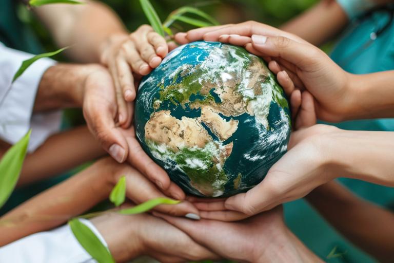 Multiple hands of diverse individuals are holding a small globe together, with green leaves in the background, symbolizing unity and environmental care.