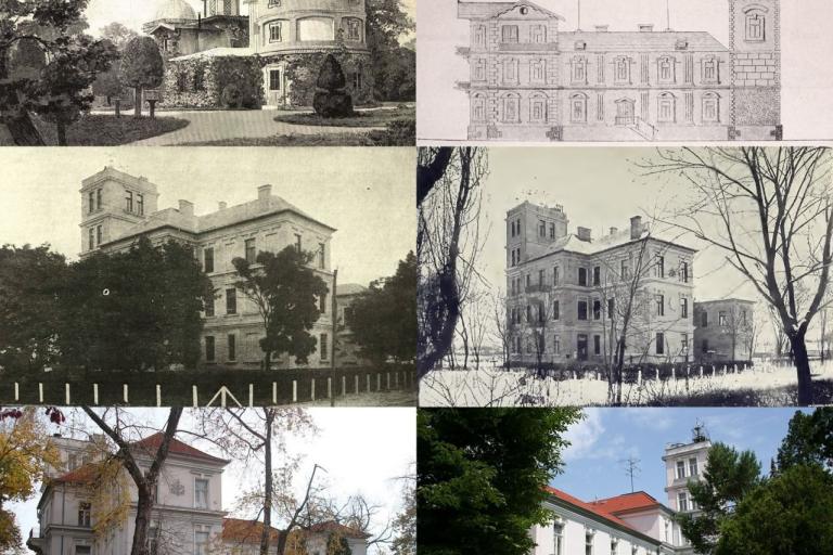 A collage of six images shows historical and modern views, in both drawings and photographs, of two different observatory buildings with domes and towers, surrounded by trees.
