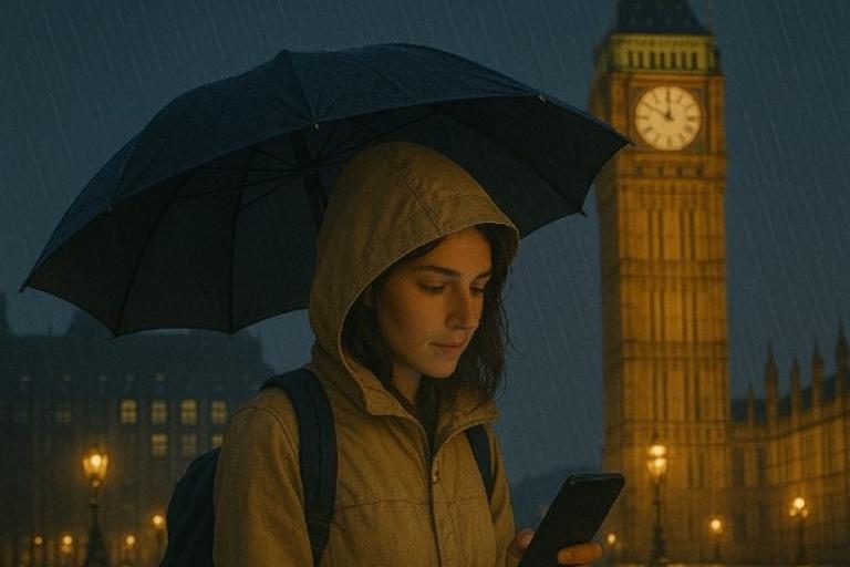 Woman with an umbrella looking at her phone in the rain by a clock tower