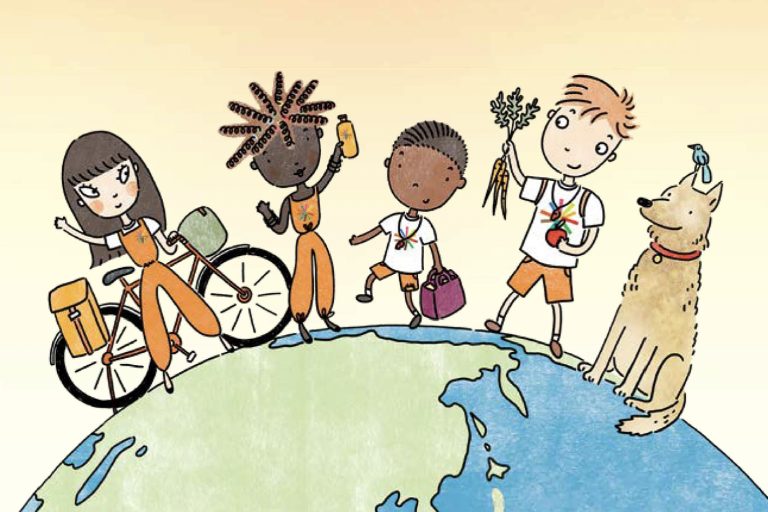 Five children and a dog stand on top of the Earth; the kids hold various items like a bike, drink, plants, and bag, and a bird sits on the dog's head.