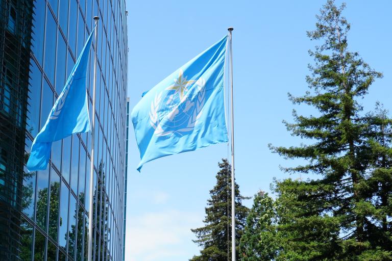 Two blue World Meteorological Organization flags flying outside a glass building, with tall evergreen trees and a clear blue sky in the background.