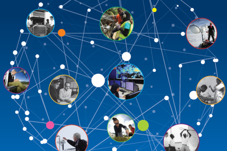 A network diagram with interconnected nodes, each containing circular photos of people engaged in various scientific and technical activities.