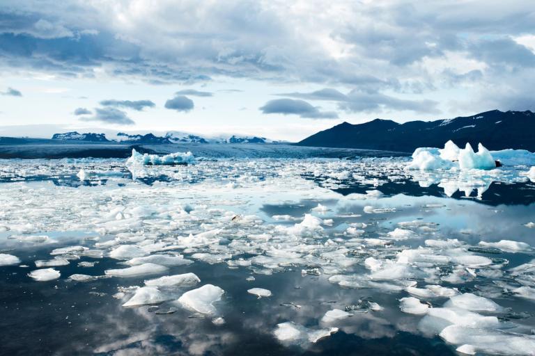 Large chunks and sheets of ice float on a calm, reflective body of water, with mountains and a cloudy sky in the background.