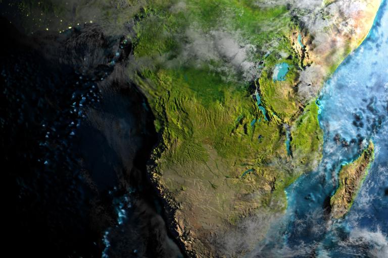 Satellite view of eastern and southern Africa, showing land, clouds, and part of Madagascar, surrounded by the Indian Ocean.