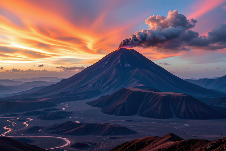 A volcano emits smoke under a dramatic, colorful sunset sky, with winding rivers and mountains visible in the surrounding landscape.
