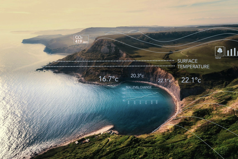 Aerial view of a coastal landscape with overlaid data showing CO2 levels, surface temperature, and sea level change metrics.