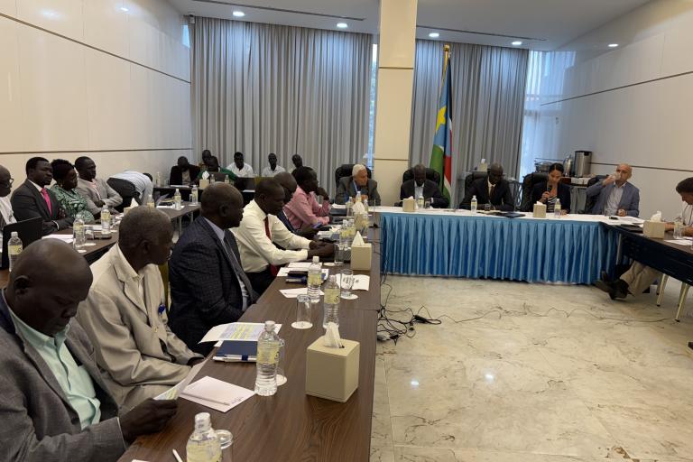 A group of people sit around conference tables in a meeting room with documents, water bottles, and a South Sudan flag in the background.