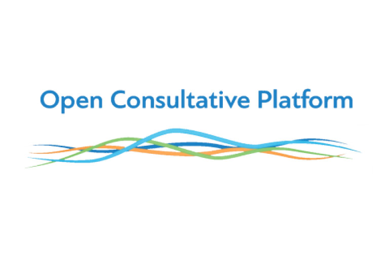 Logo with the text "Open Consultative Platform" above interwoven blue, green, and orange curved lines on a white background.