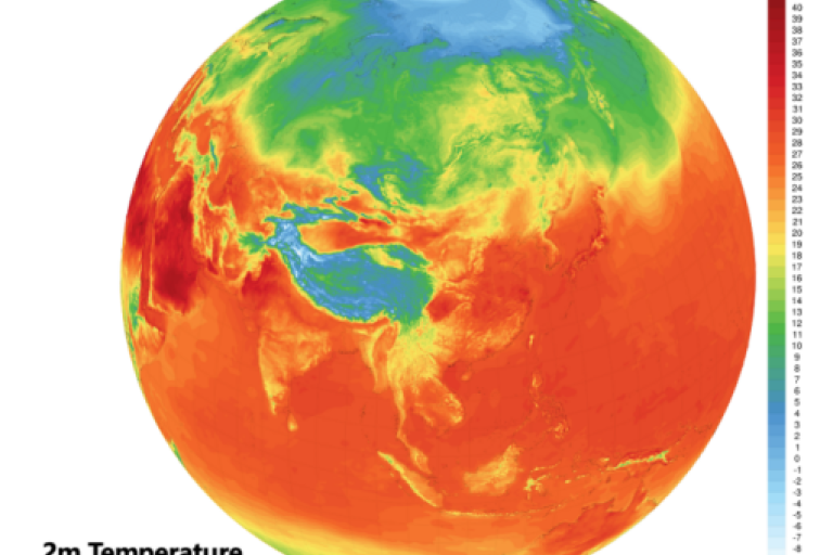 Global map showing 2-meter temperature distribution for August 23, 2024, with warmer regions in red and cooler areas in blue and green.