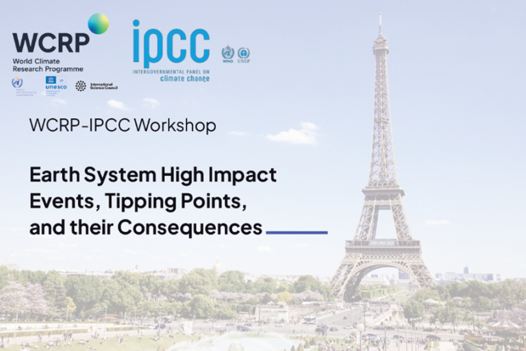 WCRP-IPCC Workshop promotional graphic with event title and logos, featuring the Eiffel Tower in the background.