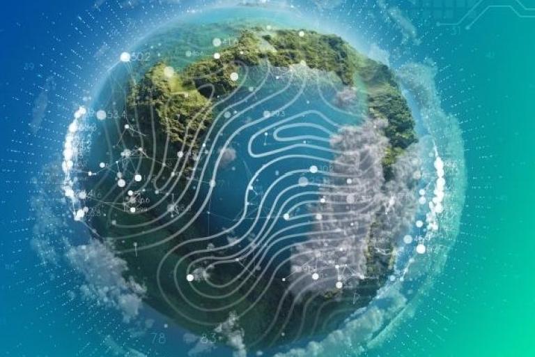 A digitally rendered Earth with overlaying white lines, dots, and circuit patterns, symbolizing technology, data, and global connectivity.