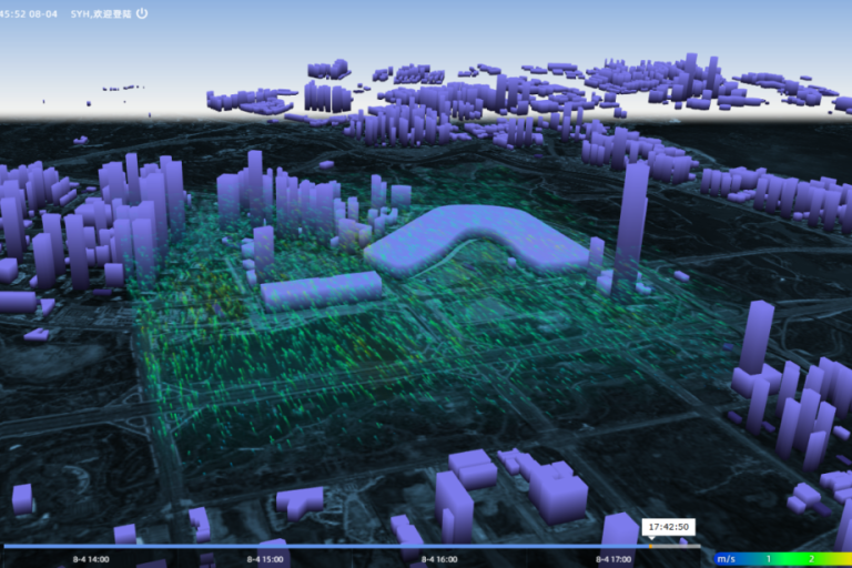3D visualization of a cityscape with translucent purple buildings and green data lines overlay, showing wind flow patterns at 17:42:50. Time and date stamps are visible at the bottom.