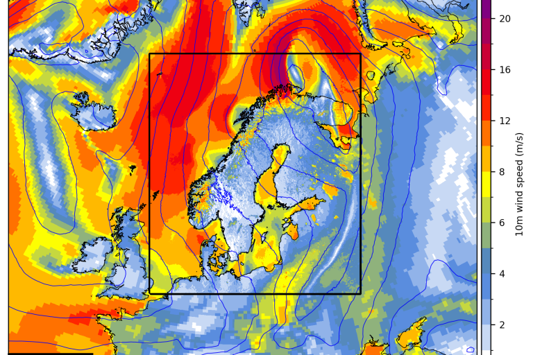 A weather map showing 10m wind speed (m/s) over Scandinavia and surrounding regions on 2020/05/12 00Z, with wind speeds indicated by a color scale from 0 to 20.