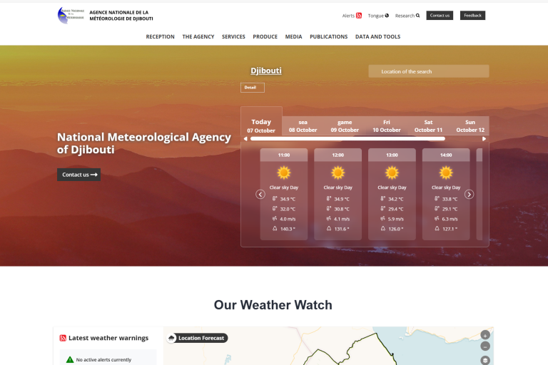 Screenshot of the National Meteorological Agency of Djibouti website showing a five-day weather forecast with sunny conditions.