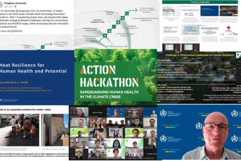A collage of presentations, video calls, and materials focused on climate action, health resilience, and innovation from various organizations and events.