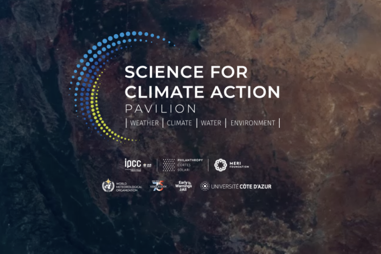 Overhead view of Earth's terrain with text overlay: "Science for Climate Action Pavilion" and logos of supporting organizations.