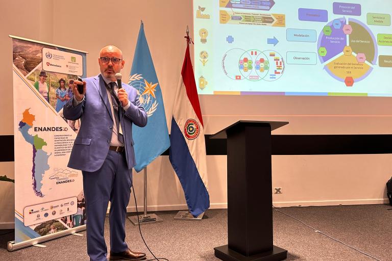 A man in a blue suit speaks into a microphone next to presentation slides, standing by the UN and Paraguayan flags at a conference.