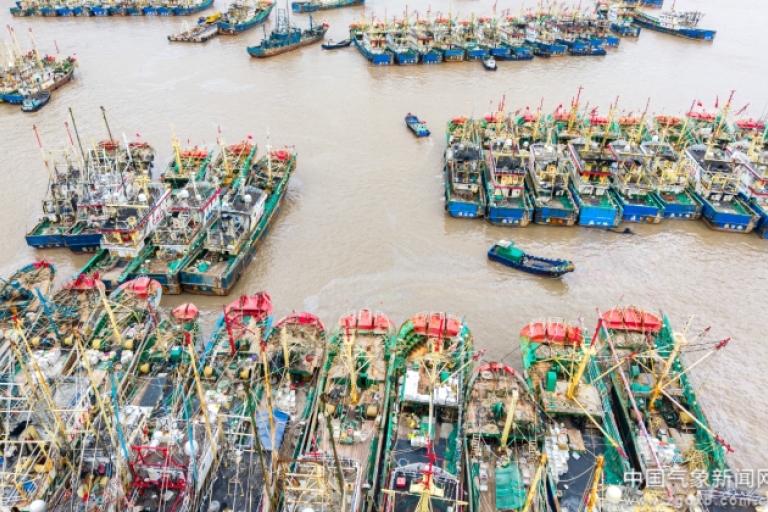 Aerial view of numerous fishing boats tightly clustered together in a harbor with muddy water.