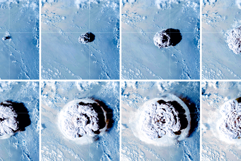 A sequence of eight satellite images shows the progression of a large volcanic eruption plume rising and expanding over the ocean.