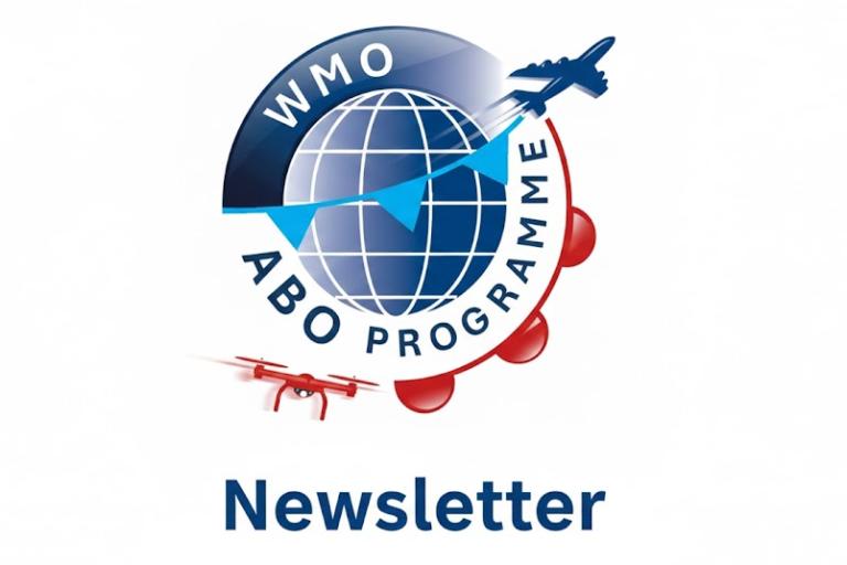 Logo for the WMO ABO Programme newsletter, featuring a globe, an airplane, a drone, and blue pennant flags with the text "WMO ABO Programme.