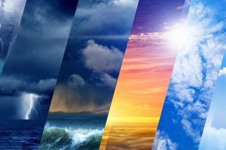 A split image showing different weather conditions: lightning storm, rain, cloudy sky, sunset, sunny sky, and partly cloudy sky above the sea.