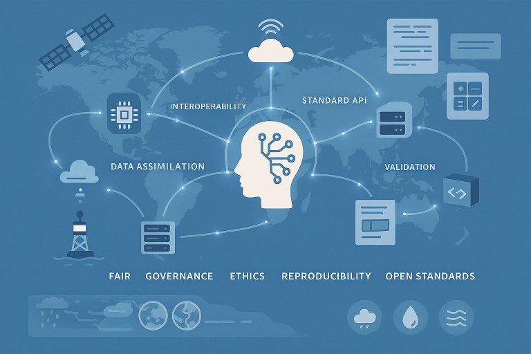 Infographic illustrating data integration concepts such as interoperability, APIs, data assimilation, validation, and key principles like ethics, governance, reproducibility, and open standards.