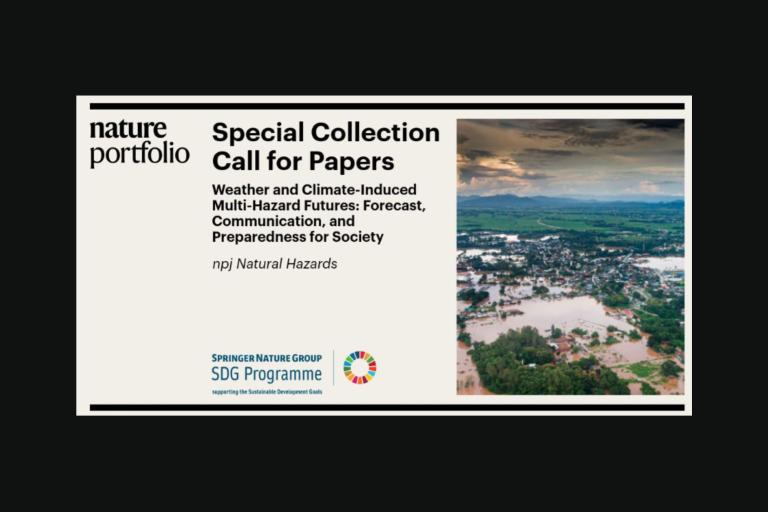 Nature Portfolio call for papers on weather and climate-induced hazards, with an image of a flooded town and cloudy sky, promoting the Springer Nature Group SDG Programme.