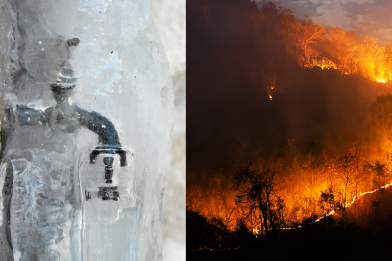 Split image: On the left, a water faucet is frozen in ice; on the right, a wildfire spreads across a forested hillside at night.