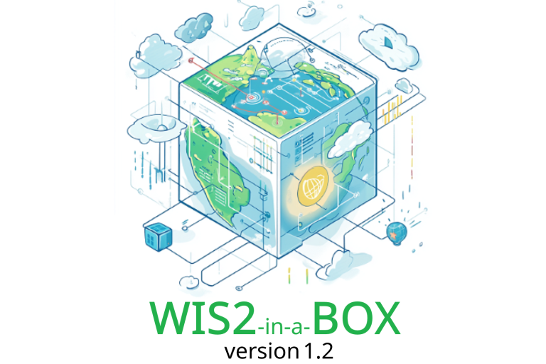 Illustration of a transparent cube containing a digital globe and technology icons, representing "WIS2-in-a-BOX version 1.2" with clouds and network connections around it.
