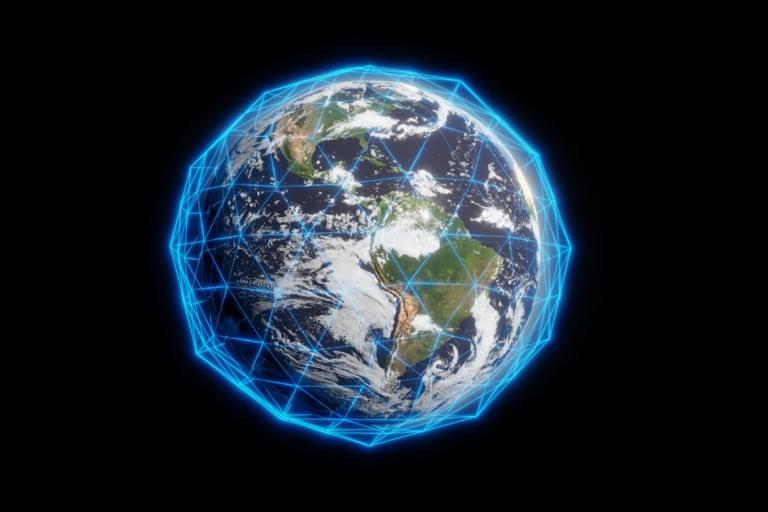 A digital rendering of Earth surrounded by a glowing blue geometric network grid on a black background.